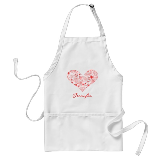 Cute Red Valentine's Day Floral Heart Custom Name  Standard Apron (Front)