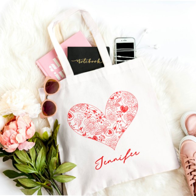 Cute Red Valentine's Day Floral Heart Custom Name  Tote Bag (Creator Uploaded)