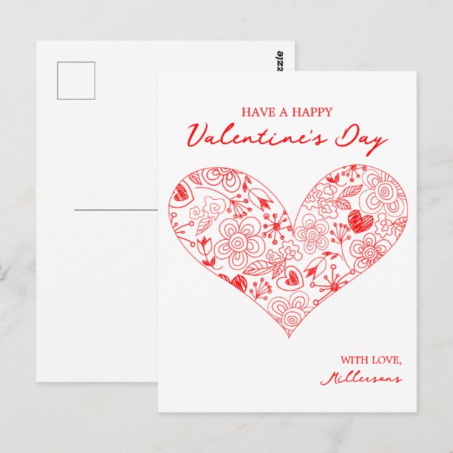 Cute Red Valentine's Day Floral Heart Family Name  Postcard (Front/Back)