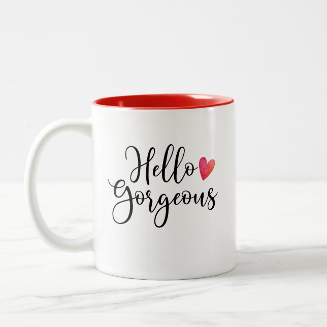Cute Red Valentines Day Hello Gorgeous Two-Tone Coffee Mug (Left)