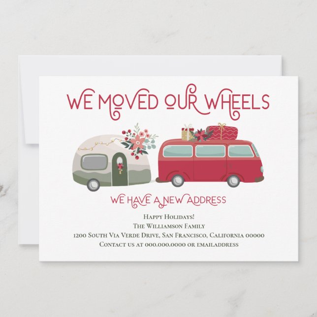 Cute Red Van Trailer We've Moved New Address Announcement (Front)