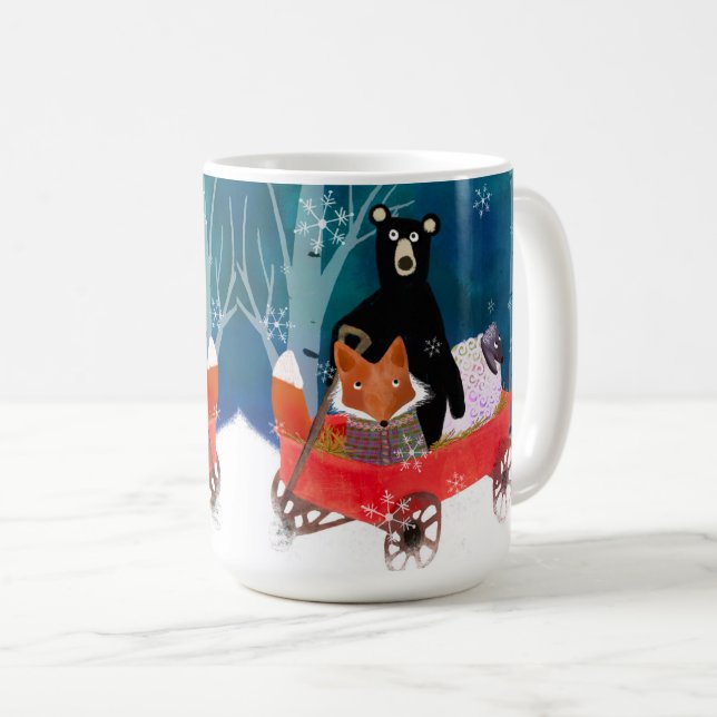 Cute Red Wagon with Bear, Fox, and Sheep Mug (Front Right)