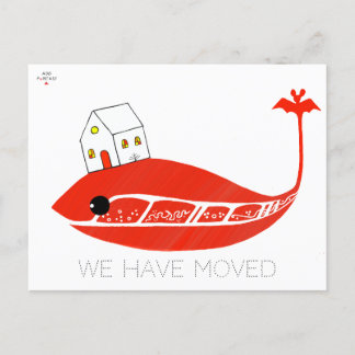 Cute red wale moved the house. Add stickmen Postcard
