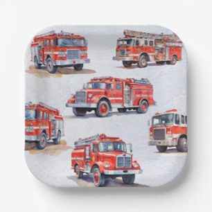 Cute Red Watercolor  Firetruck Engine              Paper Plate