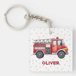 Cute Red Watercolor Firetruck Key Ring