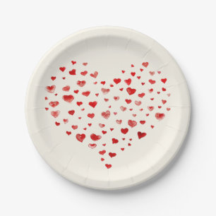 Cute Red Watercolor Hearts Valentine's Day Paper Plate
