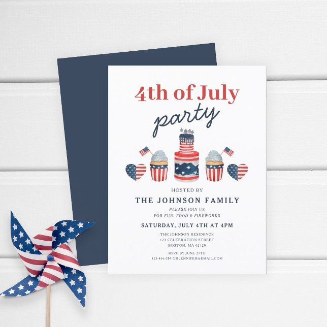 Cute Red White And Blue 4th Of July Party Invitation Postcard (Patriotic Cute Red White & Blue Cake 4th Of July Invitation Postcard)