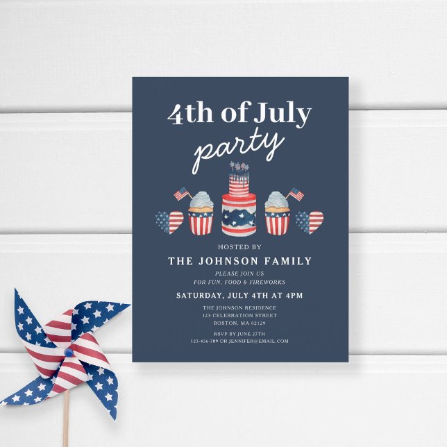 Cute Red White And Blue 4th Of July Party Invitation Postcard (Patriotic Red White Blue Cupcake 4th Of July Party Invitation Postcard)