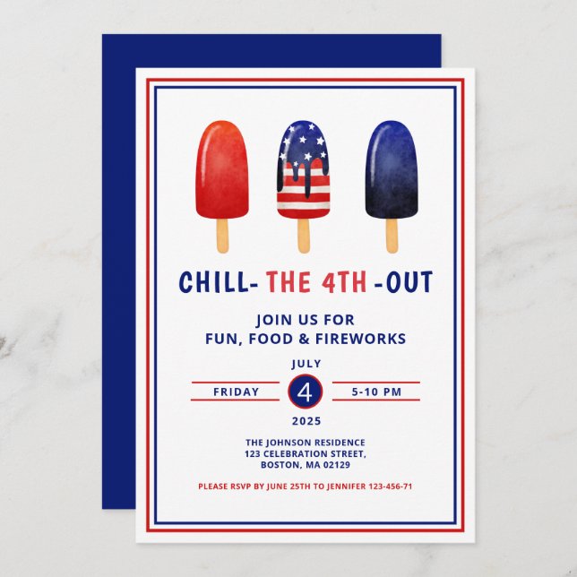 Cute Red White And Blue Popsicle 4th Of July Invitation (Front/Back)