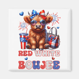 Cute Red White And Boujee Highland Cow 4th Of July Magnet