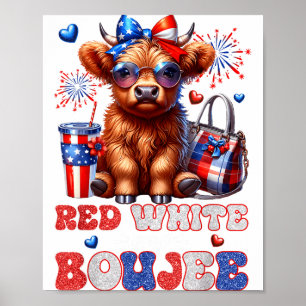 Cute Red White And Boujee Highland Cow 4th Of July Poster