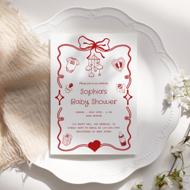 Cute Red & White Baby Shower for Girls or Boys  Invitation (Creator Uploaded)