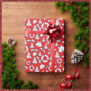 Cute Red White Black Christmas Trees Wreaths Bells Wrapping Paper