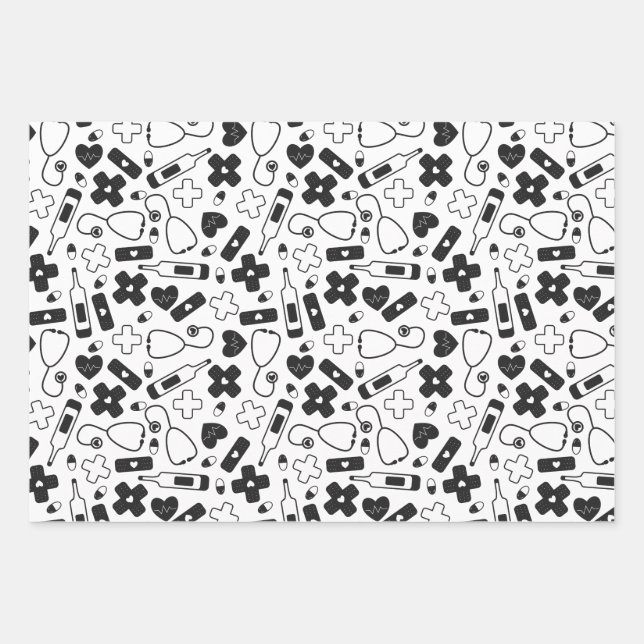 Cute Red White Black Nurse Doctor Medical Patterns Wrapping Paper Sheet (Front)
