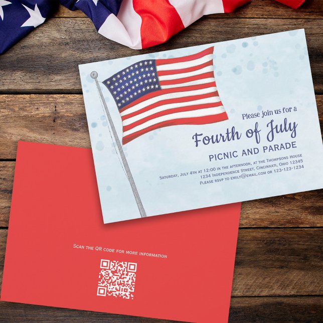 Cute Red White Blue Fourth Of July Flag QR Code Invitation (Creator Uploaded)