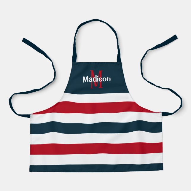 Cute Red White Blue Stripes Monogram Kids Apron (Front)