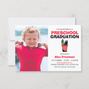 Cute Red & White Boy Photo Preschool Graduation Invitation