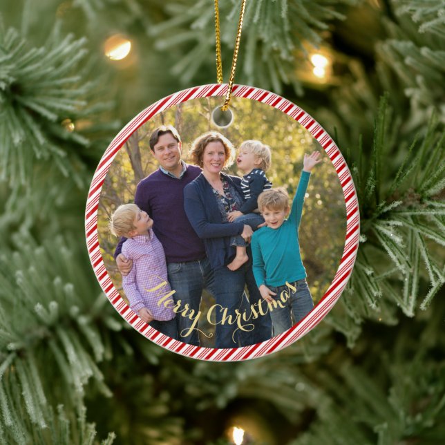 Cute Red White Candy Cane Stripes Photo Christmas Ceramic Ornament (Tree)
