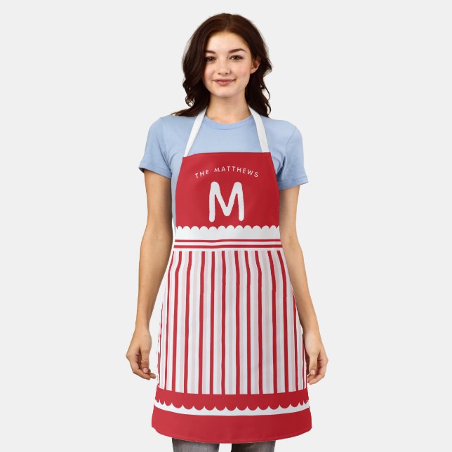 Cute Red & White Candy Stripe Monogrammed Name Apron (Worn)