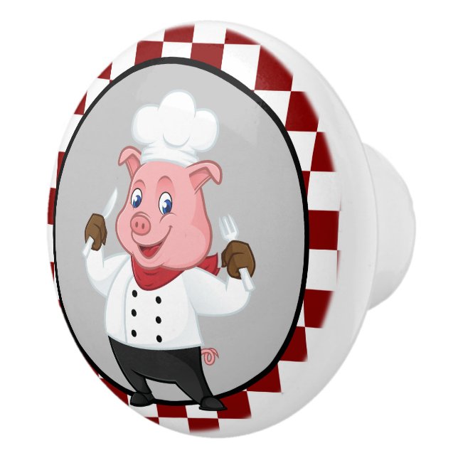 cute red white chequered chef pig ceramic knob (Right)