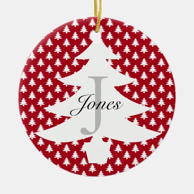 Cute Red White Christmas Family Monogram Name  Ceramic Ornament (Front)