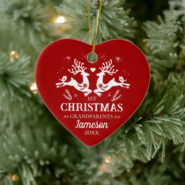 Cute Red White First Christmas Grandparents Deer Ceramic Ornament (Tree)