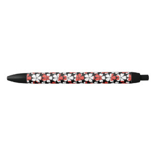 Cute red white flowers patterns black ink pen