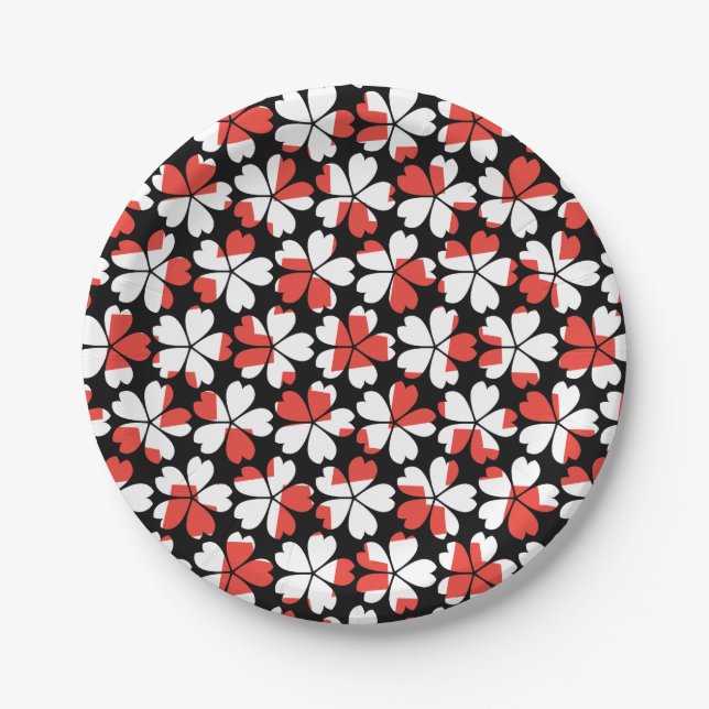 Cute red white flowers patterns paper plate (Front)