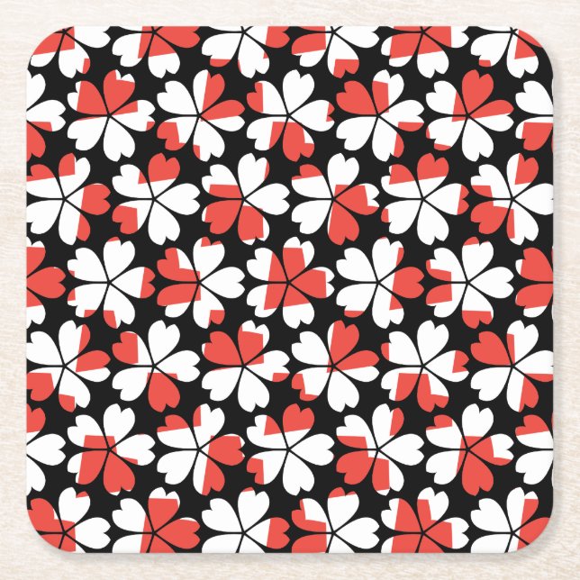 Cute red white flowers patterns square paper coaster (Front)