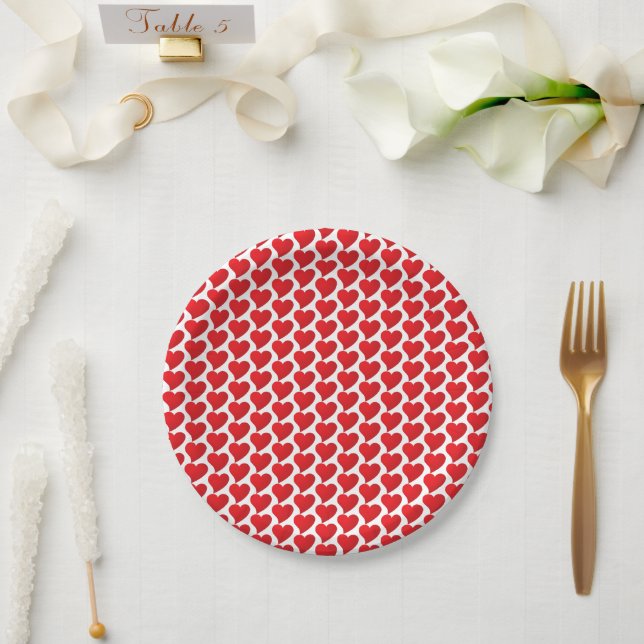 Cute Red white hearts pattern Valentine's day Paper Plate (Wedding)