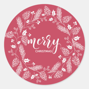 Cute Red & White Pine and Holly Christmas Classic Round Sticker