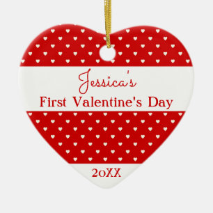 Cute Red White Polka Dot Hearts Valentine Photo Ceramic Ornament