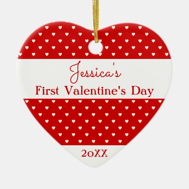 Cute Red White Polka Dot Hearts Valentine Photo Ceramic Ornament (Front)