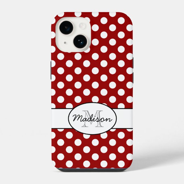 Cute Red White polka dots retro pattern Monogram iPhone Case (Back)
