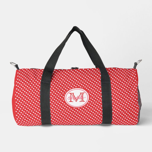 Cute Red & White Polkadot Pattern Monogrammed Duffle Bag (Front)