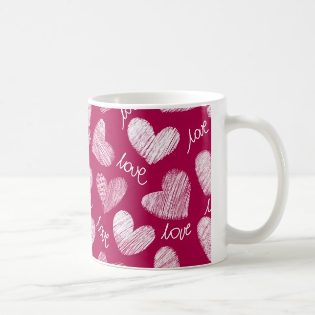 Cute Red White Scribbled Hearts with Love Script Coffee Mug (Right)