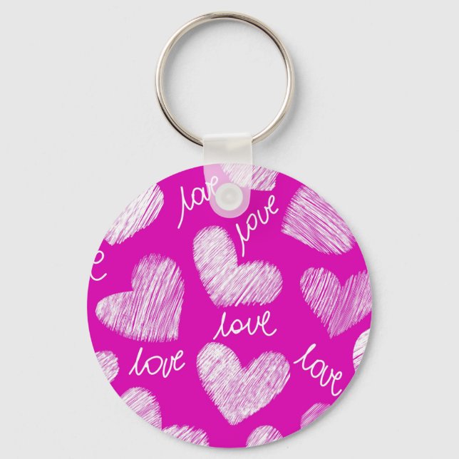 Cute Red White Scribbled Hearts with Love Script Key Ring (Front)