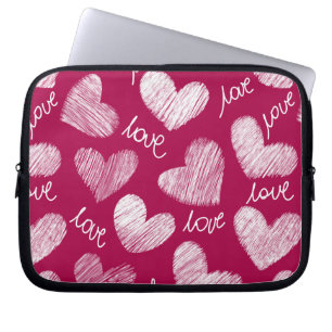 Cute Red White Scribbled Hearts with Love Script Laptop Sleeve