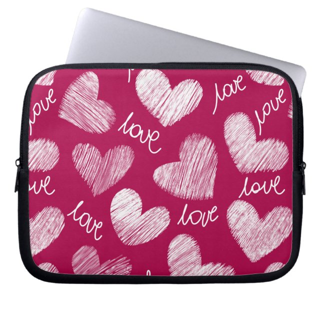 Cute Red White Scribbled Hearts with Love Script Laptop Sleeve (Front)