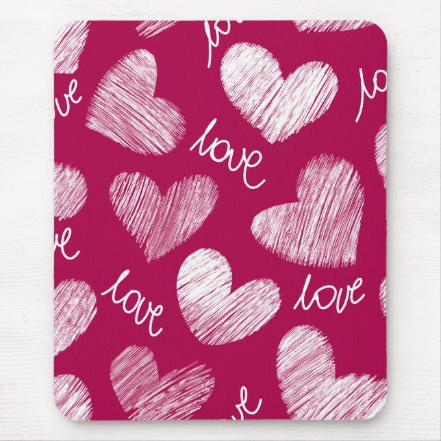 Cute Red White Scribbled Hearts with Love Script Mouse Pad (Front)