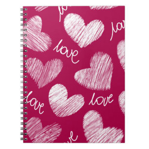 Cute Red White Scribbled Hearts with Love Script Notebook