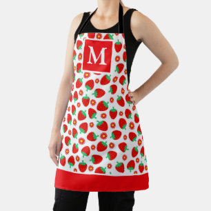 Cute Red & White Summer Strawberries Monogram Apron