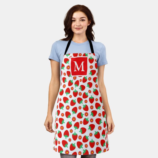 Cute Red & White Summer Strawberries Monogram Apron (Worn)