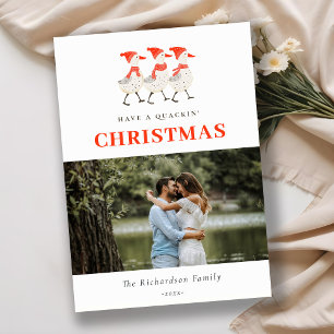 Cute Red Winter Quacking Christmas Ducks Photo Holiday Card