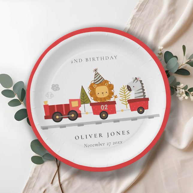 Cute Red Woodland Animal Train Any Age Birthday Paper Plate (Creator Uploaded)