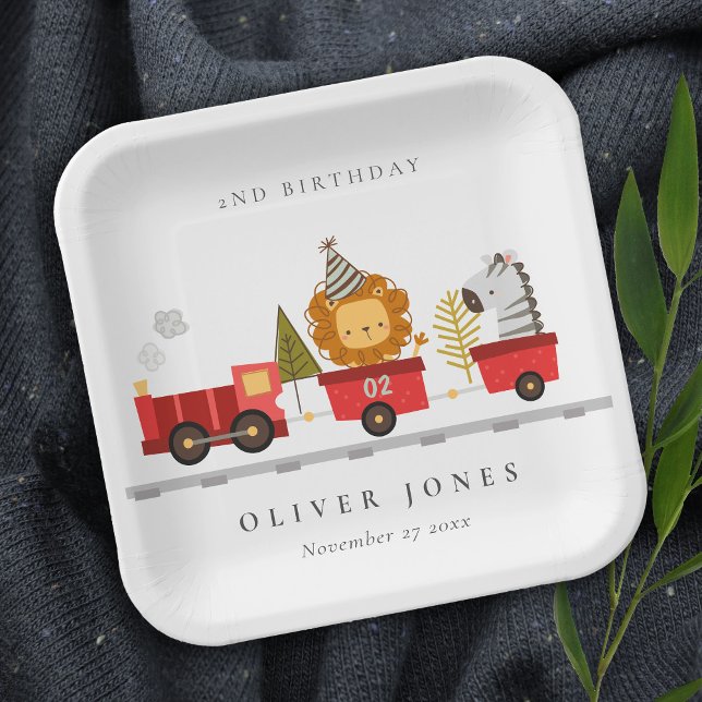 Cute Red Woodland Animal Train Any Age Birthday Paper Plate (Creator Uploaded)