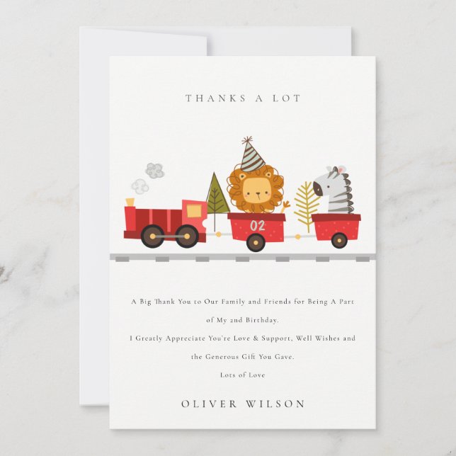 Cute Red Woodland Animal Train Any Age Birthday Thank You Card (Front)