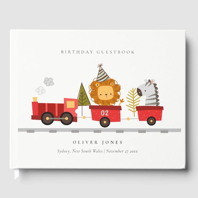 Cute Red Woodland Animals Train Any Age Birthday Guest Book (Front)