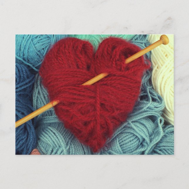 Cute red wool heart with knitting needle postcard (Front)