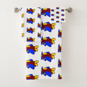 Cute Red Yellow Blue Aeroplane Cartoon for Kids Bath Towel Set